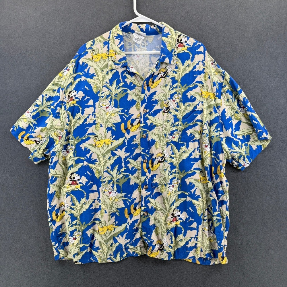 Disney Store Mickey Mouse Donald Goofy Pluto Hawaiian Shirt Mens XL Rayon Blue